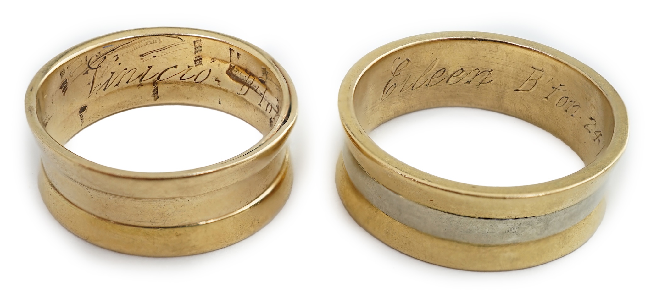 A lady's and gentleman's gold wedding bands, the latter with central white gold band